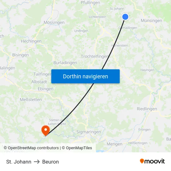 St. Johann to Beuron map