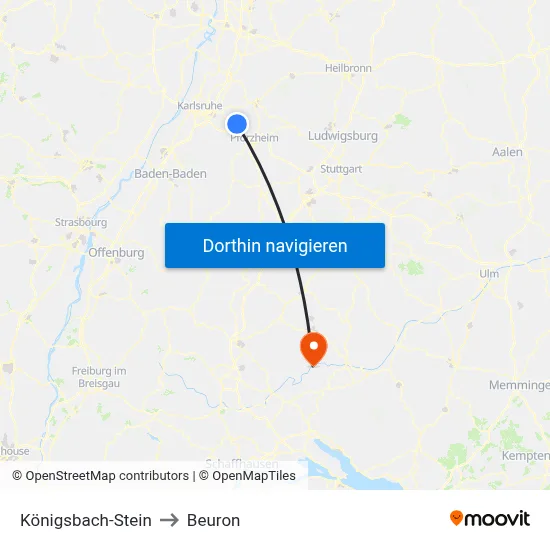 Königsbach-Stein to Beuron map