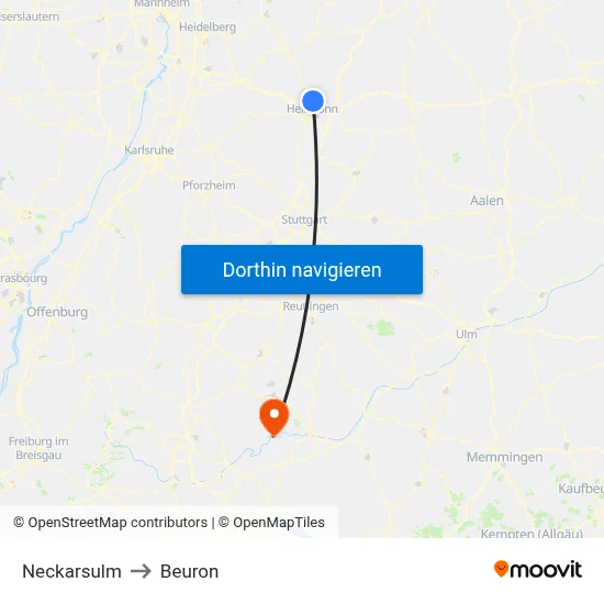 Neckarsulm to Beuron map