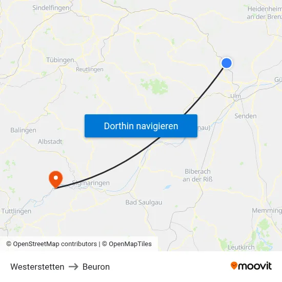 Westerstetten to Beuron map