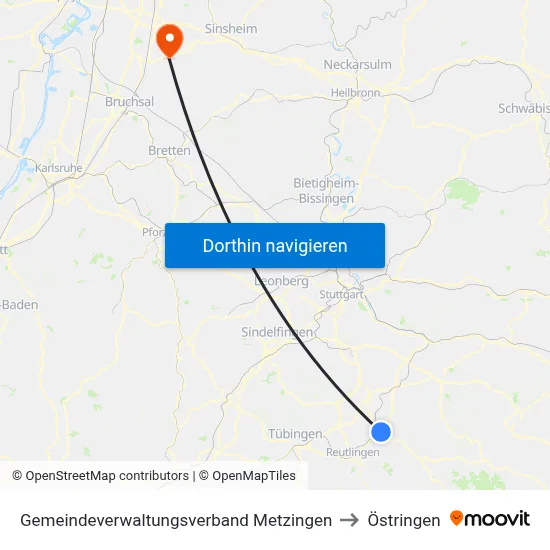 Gemeindeverwaltungsverband Metzingen to Östringen map