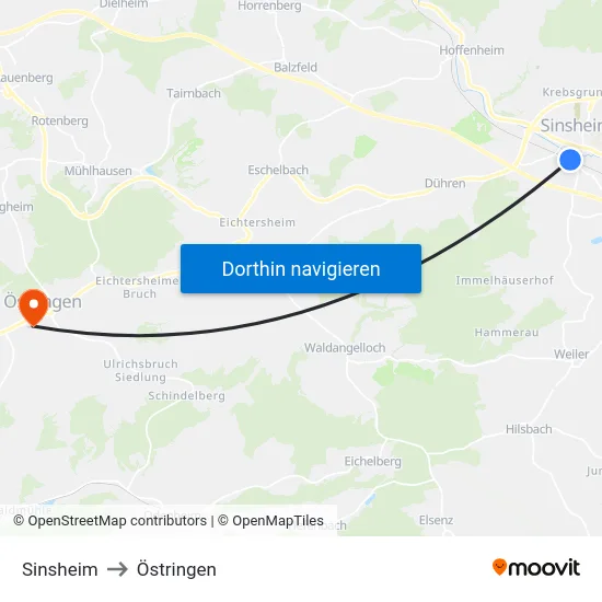 Sinsheim to Östringen map