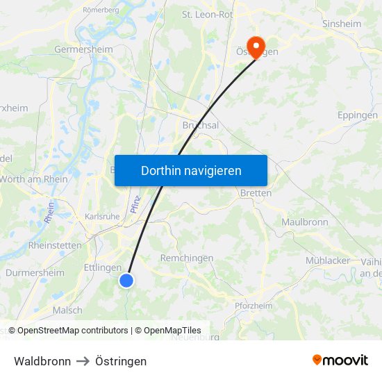 Waldbronn to Östringen map