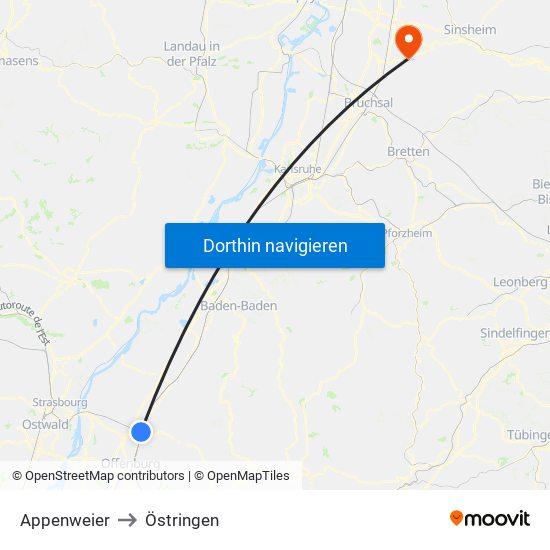 Appenweier to Östringen map