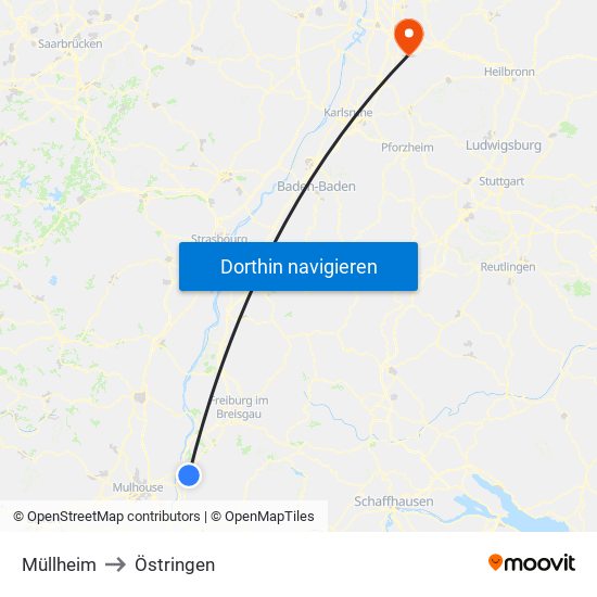 Müllheim to Östringen map