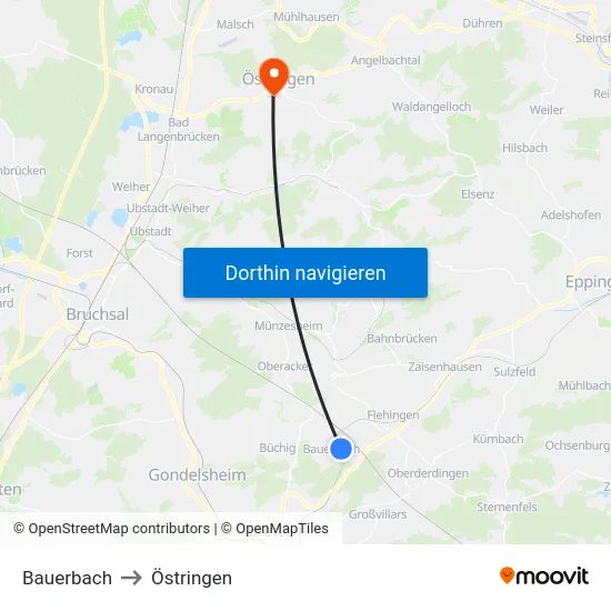 Bauerbach to Östringen map