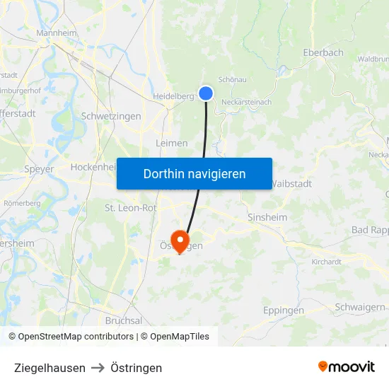 Ziegelhausen to Östringen map