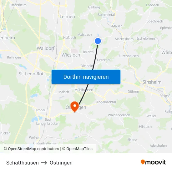 Schatthausen to Östringen map