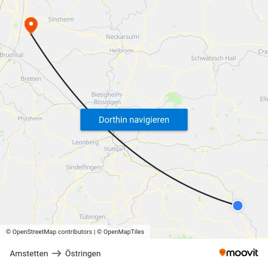 Amstetten to Östringen map