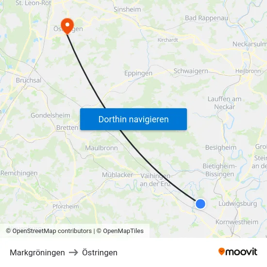 Markgröningen to Östringen map