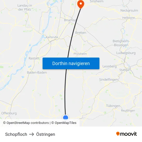 Schopfloch to Östringen map