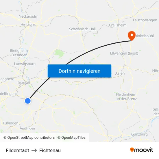 Filderstadt to Fichtenau map
