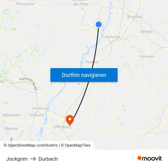 Jockgrim to Durbach map