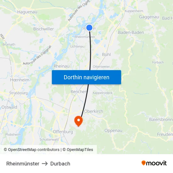 Rheinmünster to Durbach map