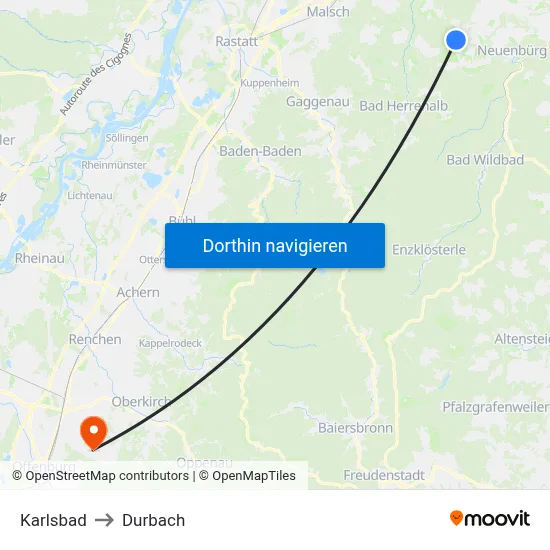 Karlsbad to Durbach map