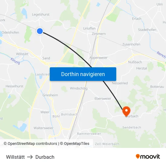 Willstätt to Durbach map