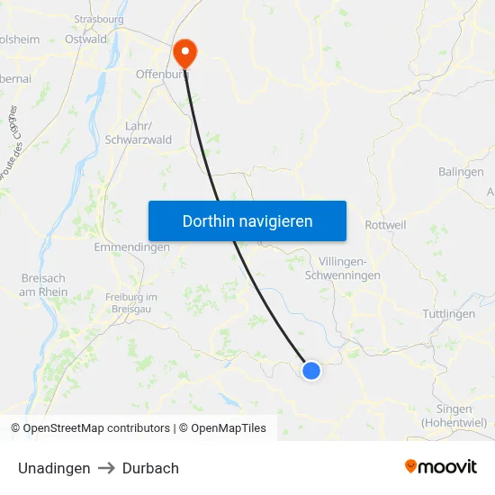Unadingen to Durbach map