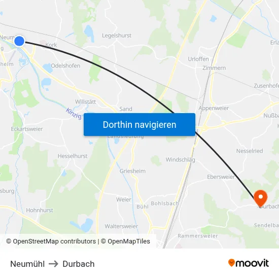 Neumühl to Durbach map