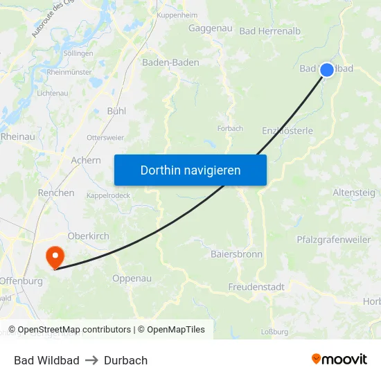 Bad Wildbad to Durbach map