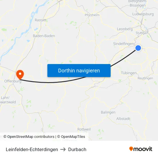 Leinfelden-Echterdingen to Durbach map