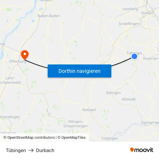 Tübingen to Durbach map