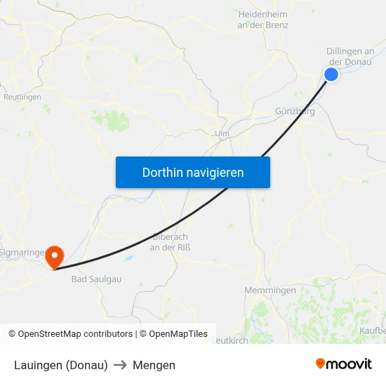 Lauingen (Donau) to Mengen map