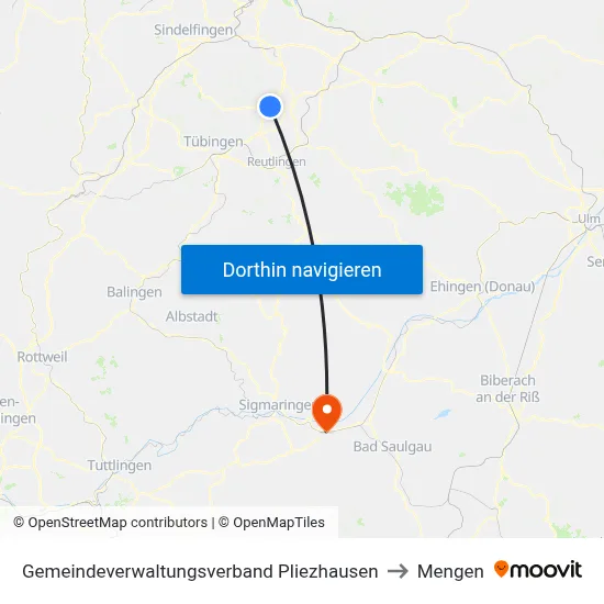 Gemeindeverwaltungsverband Pliezhausen to Mengen map