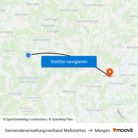 Gemeindeverwaltungsverband Meßstetten to Mengen map