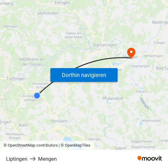 Liptingen to Mengen map
