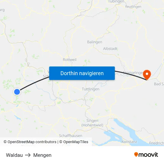 Waldau to Mengen map