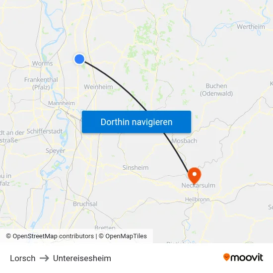 Lorsch to Untereisesheim map