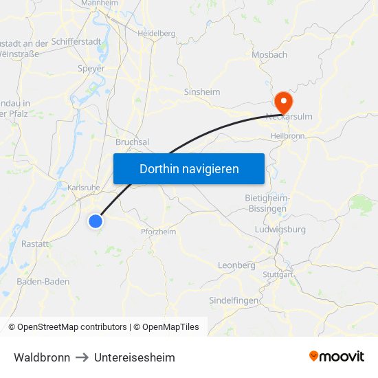 Waldbronn to Untereisesheim map