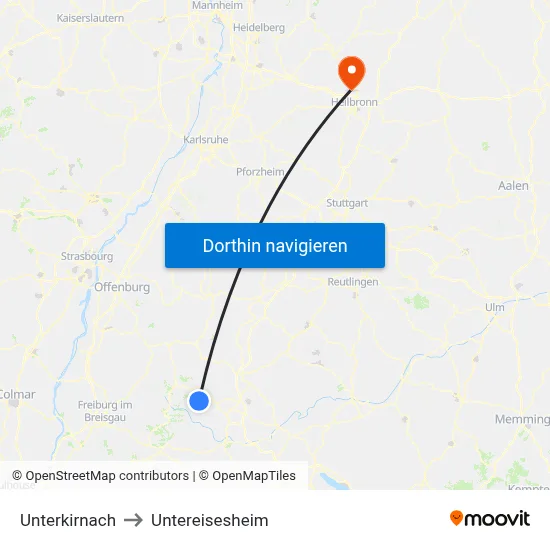 Unterkirnach to Untereisesheim map