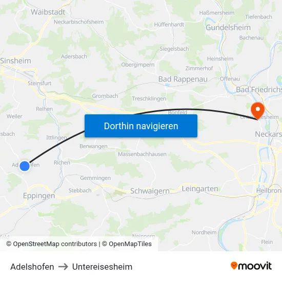 Adelshofen to Untereisesheim map