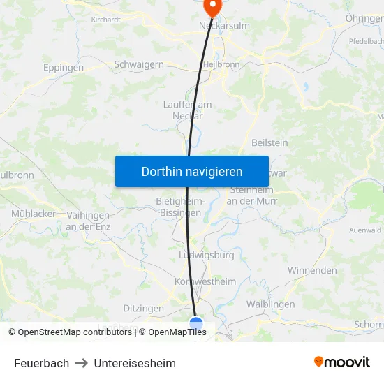 Feuerbach to Untereisesheim map