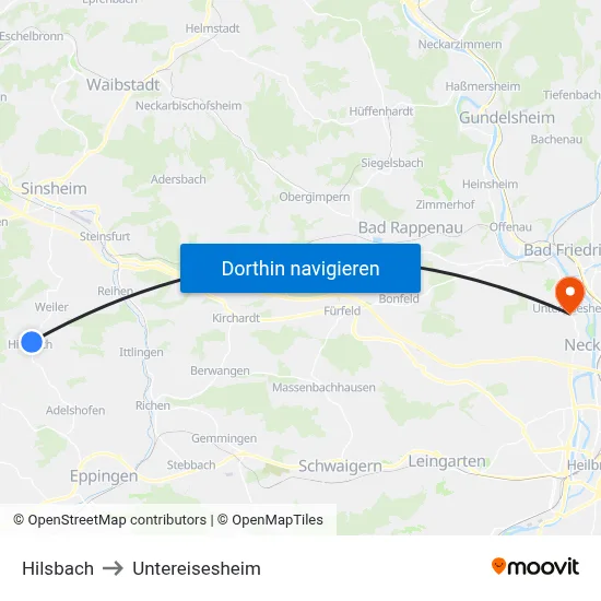 Hilsbach to Untereisesheim map