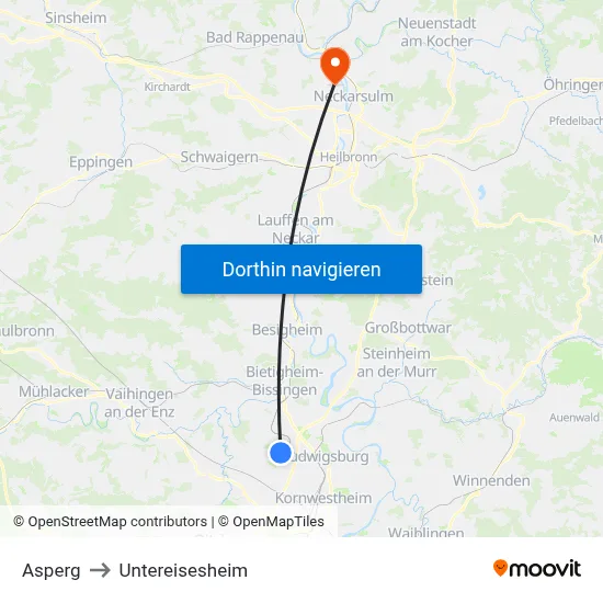 Asperg to Untereisesheim map