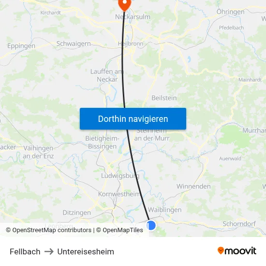 Fellbach to Untereisesheim map