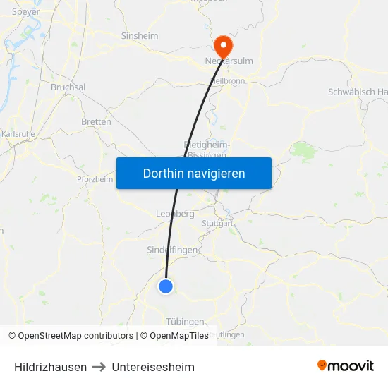 Hildrizhausen to Untereisesheim map