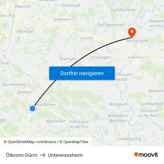 Ölbronn-Dürrn to Untereisesheim map