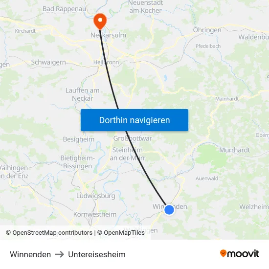 Winnenden to Untereisesheim map