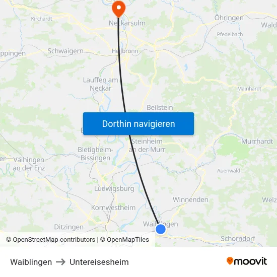 Waiblingen to Untereisesheim map