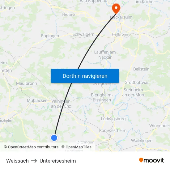 Weissach to Untereisesheim map