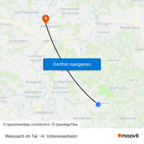 Weissach Im Tal to Untereisesheim map