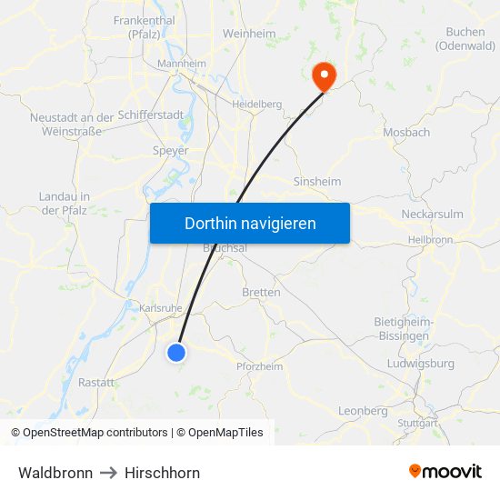 Waldbronn to Hirschhorn map