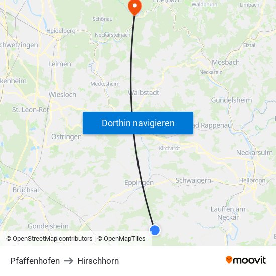 Pfaffenhofen to Hirschhorn map