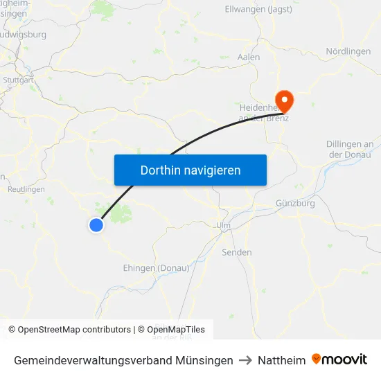 Gemeindeverwaltungsverband Münsingen to Nattheim map