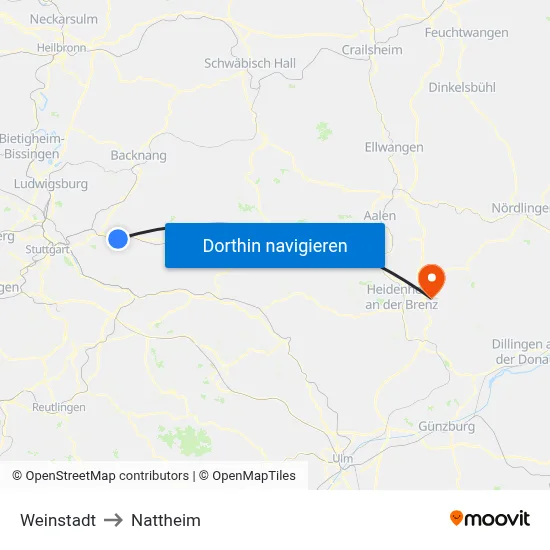 Weinstadt to Nattheim map
