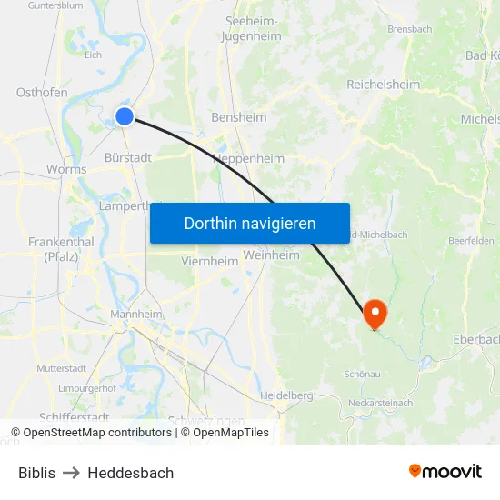 Biblis to Heddesbach map