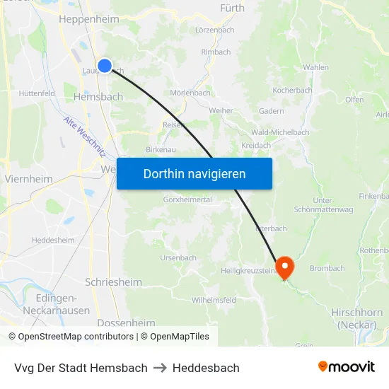 Vvg Der Stadt Hemsbach to Heddesbach map